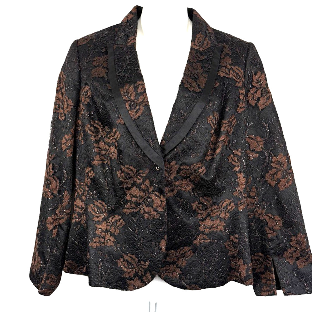 Carmen Marc Valvo Collection Dark Brown Black Lace Satin Blazer Suit Jacket 14